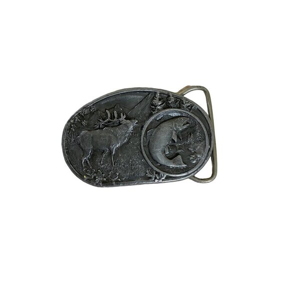 Vintage 1985 3D Metal Deer And Fish Wild Life Belt Buckle - OS - Picture 1 of 7